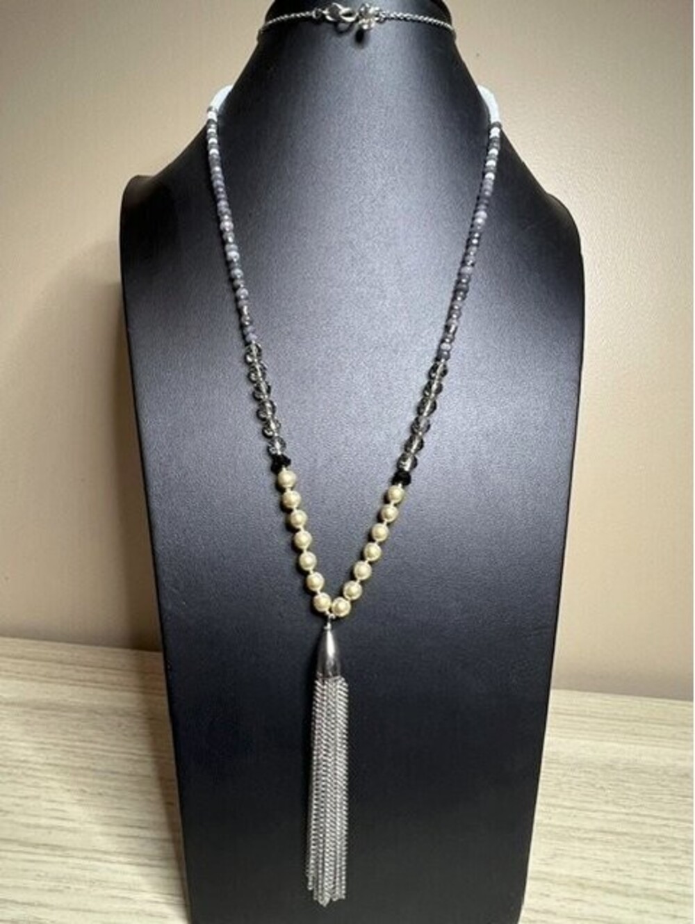 B7292 LOFT Beaded Tassel Necklace 32" Champagne Pearl Gray Glass Silver Tone